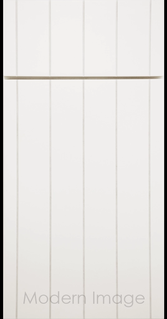Brooklyn Flat-Panel Cabinet Door with 5 evenly spaced Vertical Grooves, Frost color.